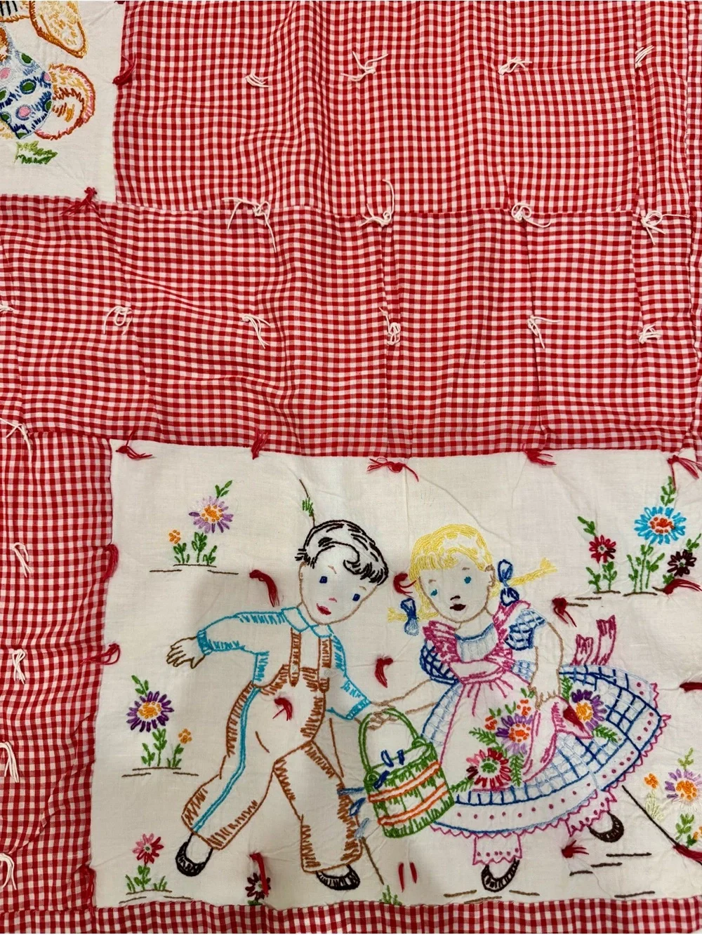 Vintage Handmade Red Patchwork Quilt with Whimsical Embroidered Panels